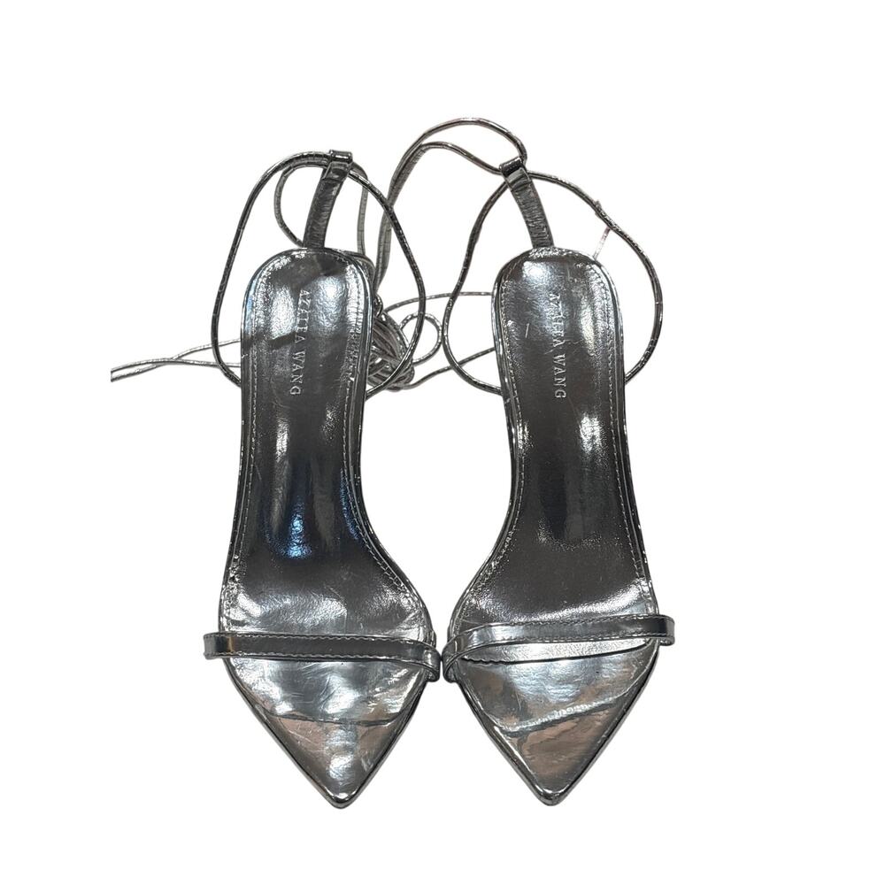 metallic silver strappy lace-up stiletto heels